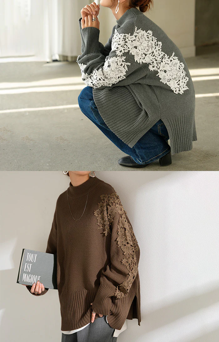 ニット レース 鹿の子 綿100 レディース トップス ロング セーター オーバー プルオーバー 長袖 長い チクチクしない ハイネック チュニック アシンメトリー リブ ゆったり 体型カバー 大きいサイズ お尻が隠れる カジュアル 黒 グレー 秋 冬 HUG.U - Image 8