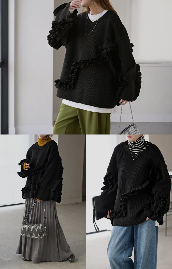 ニット フリル スポンジニット レディース トップス セーター チクチクしない オーバー プルオーバー ロング 長袖 長い シワになりにくい ボリュームスリーブ Vネック リブ スポンジ ゆったり 大きいサイズ 体型カバー カジュアル 黒 ブラック 秋 冬 HUG.U - Image 21