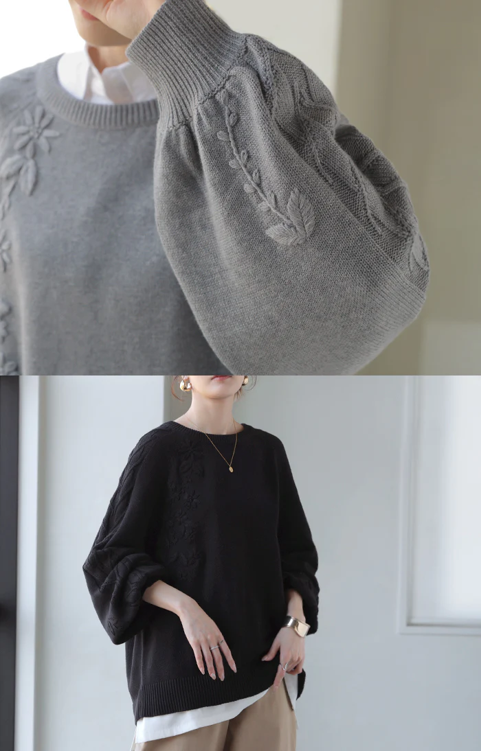 ニット 刺繍 綿100 ハンドメイド ロング レディース トップス セーター オーバー プルオーバー 花柄 チクチクしない ケーブル 長袖 長い ボリュームスリーブ クルーネック リブ ゆったり 体型カバー 大きいサイズ カジュアル 黒 グレー 秋 冬 HUG.U - Image 21