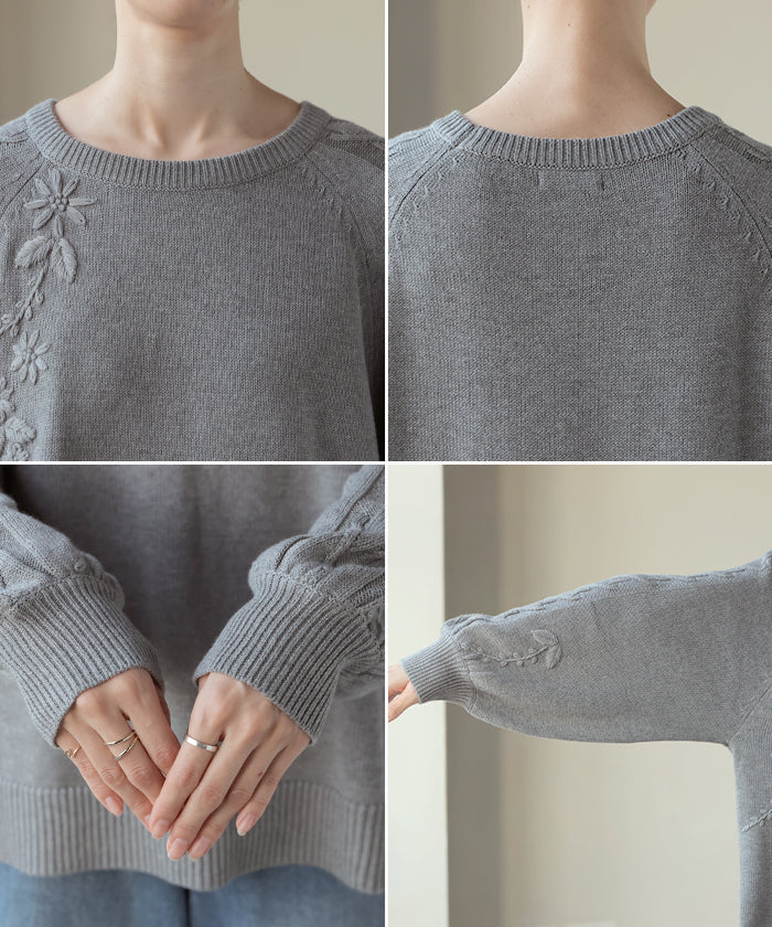 ニット 刺繍 綿100 ハンドメイド ロング レディース トップス セーター オーバー プルオーバー 花柄 チクチクしない ケーブル 長袖 長い ボリュームスリーブ クルーネック リブ ゆったり 体型カバー 大きいサイズ カジュアル 黒 グレー 秋 冬 HUG.U - Image 23