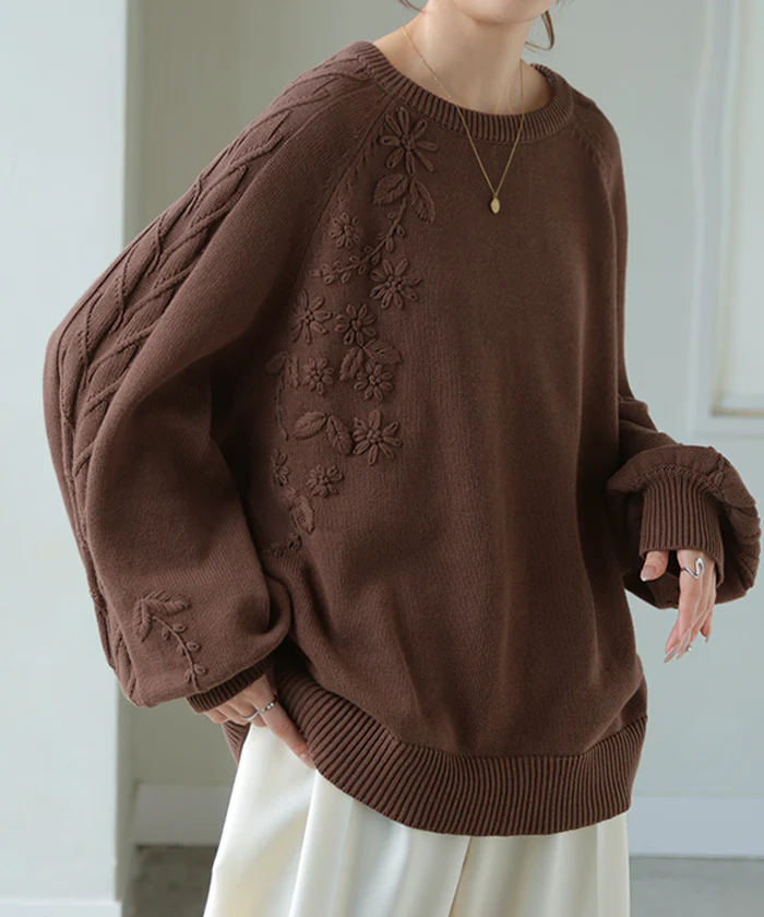 ニット 刺繍 綿100 ハンドメイド ロング レディース トップス セーター オーバー プルオーバー 花柄 チクチクしない ケーブル 長袖 長い ボリュームスリーブ クルーネック リブ ゆったり 体型カバー 大きいサイズ カジュアル 黒 グレー 秋 冬 HUG.U - Image 27