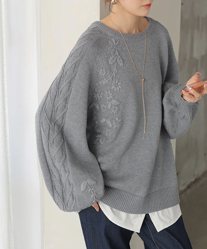 ニット 刺繍 綿100 ハンドメイド ロング レディース トップス セーター オーバー プルオーバー 花柄 チクチクしない ケーブル 長袖 長い ボリュームスリーブ クルーネック リブ ゆったり 体型カバー 大きいサイズ カジュアル 黒 グレー 秋 冬 HUG.U - Image 28