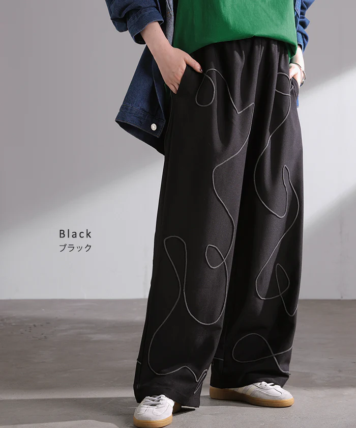 2026SS新作 パンツ 刺繍 ワイド レディース ■7月上旬入荷 ボトムス コード刺繡 ロング ロングパンツ ズボン 総ゴム 配色 ウエストゴム ポケット ハイウエスト ギャザー 総柄 イージーパンツ 体型カバー 大きいサイズ ワイドパンツ カジュアル ベージュ ブラック 春 夏 HUG.U - Image 11