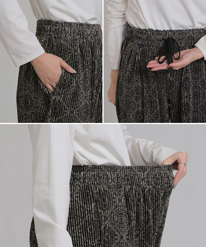 パンツ ワイド " 切れる " 総柄 スエードライク レディース ワイドパンツ ロング ロングパンツ ボトムス ボトム 柄 微起毛 プリーツ ストレート ズボン イージーケア ハイウエスト ストレッチ ゆったり 体型カバー 大きいサイズ グレー ベージュ 秋 冬 HUG.U - Image 22