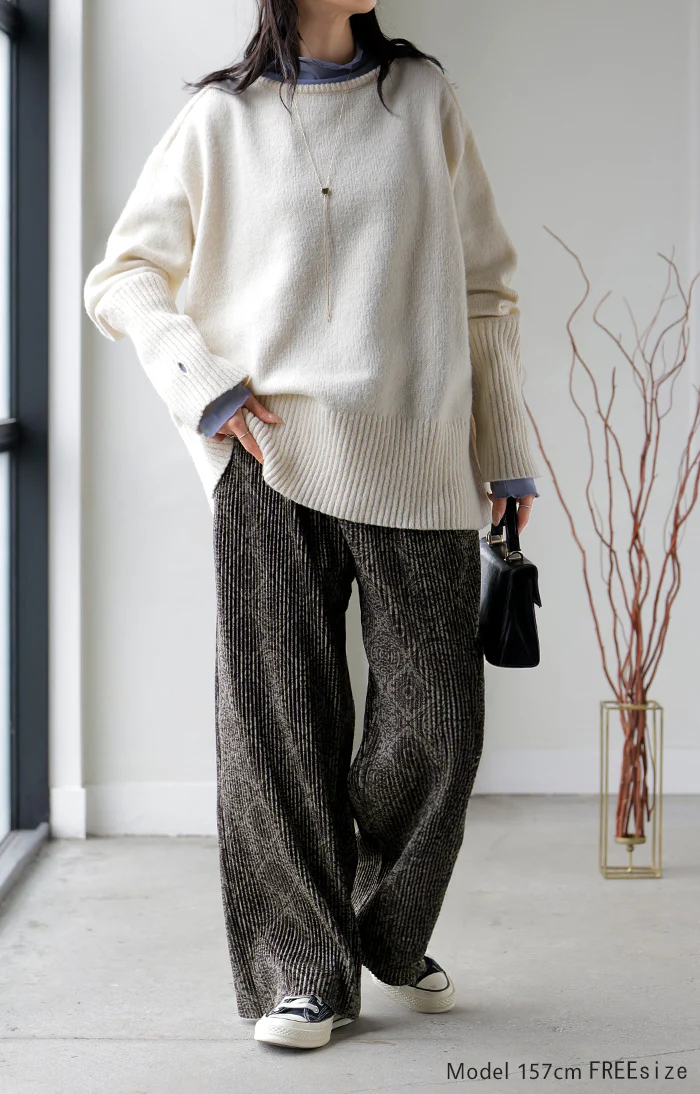 パンツ ワイド " 切れる " 総柄 スエードライク レディース ワイドパンツ ロング ロングパンツ ボトムス ボトム 柄 微起毛 プリーツ ストレート ズボン イージーケア ハイウエスト ストレッチ ゆったり 体型カバー 大きいサイズ グレー ベージュ 秋 冬 HUG.U - Image 3