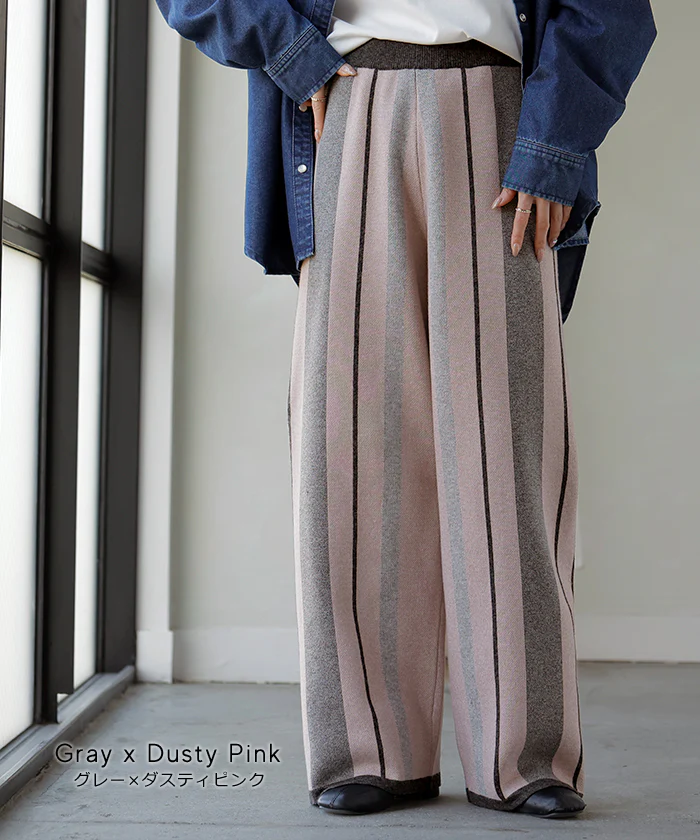 パンツ ストライプ ニット ワイド レディース ニットパンツ ダブルジャガード ワイドパンツ ロング ロングパンツ 長い 体型カバー 総柄 ボトムス ボトム ストレート ズボン ゆったり ハイウエスト ストレッチ 美脚 大きいサイズ 黒 グレー 秋 冬 HUG.U - Image 13