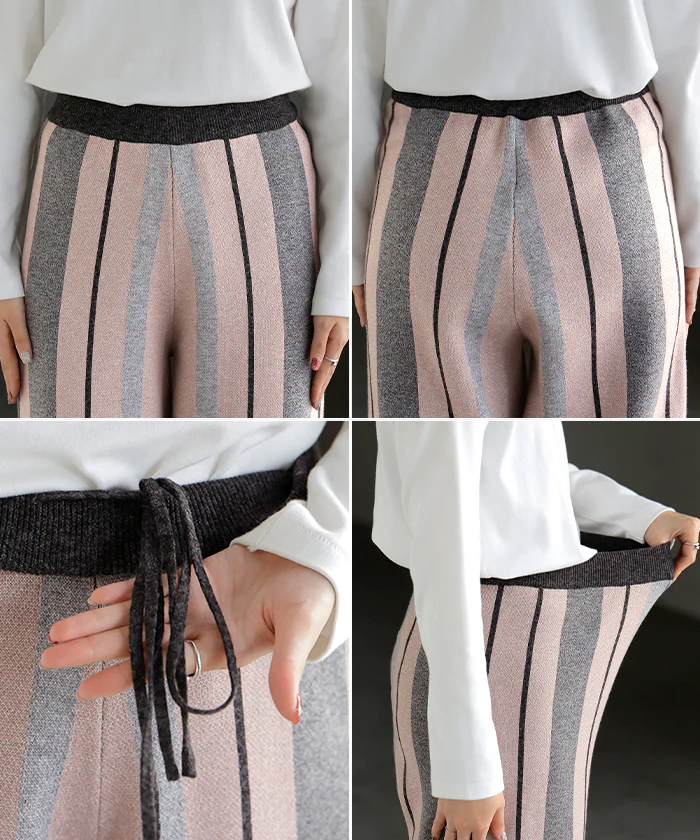 パンツ ストライプ ニット ワイド レディース ニットパンツ ダブルジャガード ワイドパンツ ロング ロングパンツ 長い 体型カバー 総柄 ボトムス ボトム ストレート ズボン ゆったり ハイウエスト ストレッチ 美脚 大きいサイズ 黒 グレー 秋 冬 HUG.U - Image 23