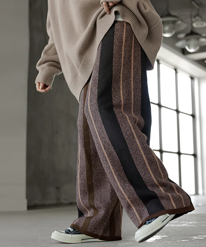 パンツ ストライプ ニット ワイド レディース ニットパンツ ダブルジャガード ワイドパンツ ロング ロングパンツ 長い 体型カバー 総柄 ボトムス ボトム ストレート ズボン ゆったり ハイウエスト ストレッチ 美脚 大きいサイズ 黒 グレー 秋 冬 HUG.U - Image 26