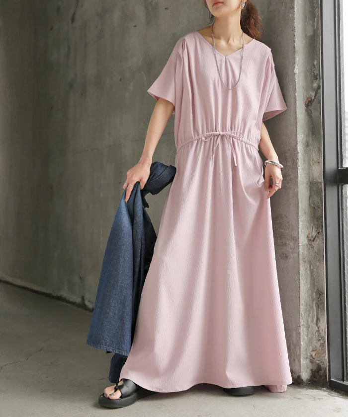 【夏セール】 2026SS新作 ワンピース ロング 涼感 ゆったり ■一部7月中旬入荷 レディース ワンピ ロングワンピース マキシワンピース フレアワンピ Aライン Vネック フレンチスリーブ ウエストゴム サッカー生地 涼しい イージーケア 半袖 軽い 体型カバー 大きいサイズ 無地 黒 グレー 春 夏 HUG.U - Image 29