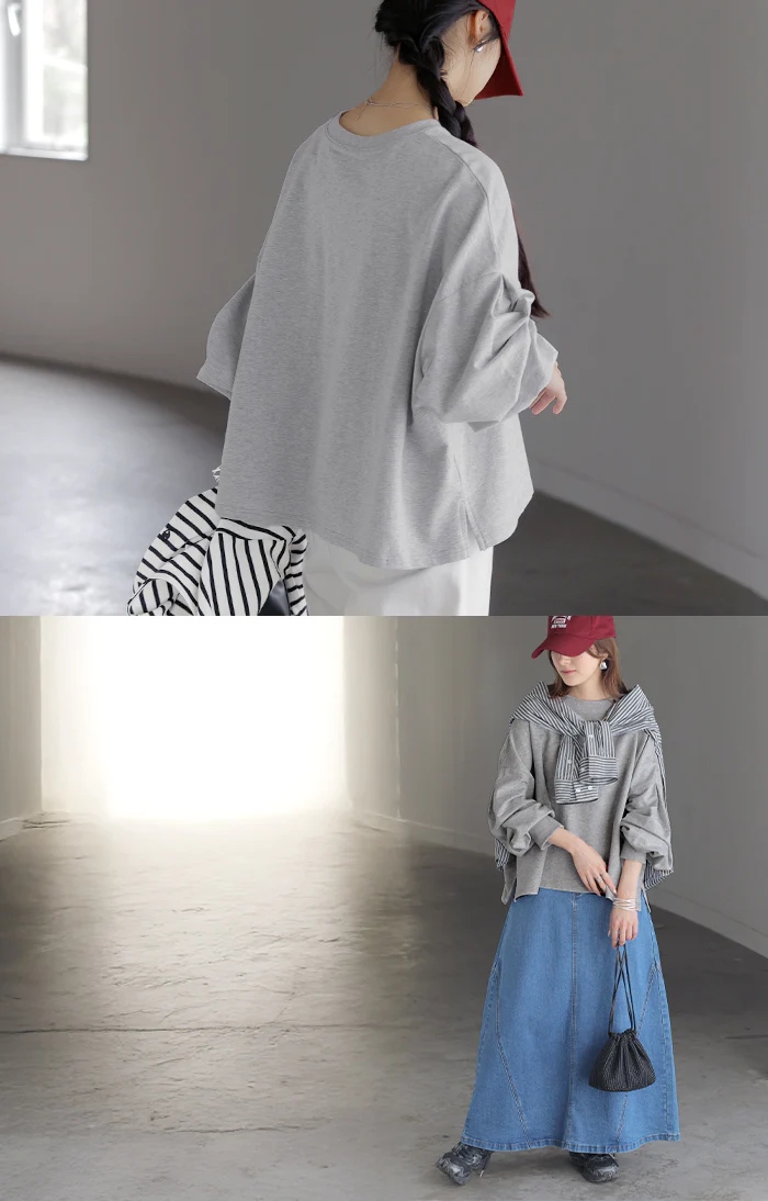 2026SS新作 トップス 「Tシャツ以上スウェット未満」ロンT スウェット ジャスト丈 レディース プルオーバー 綿100% Tシャツ 長袖 トレーナー リブ ボリューム袖 カットソー 体型カバー スリット クルーネック 裏毛 重ね着 カジュアル グリーン ピンク 春 夏 HUG.U - Image 12
