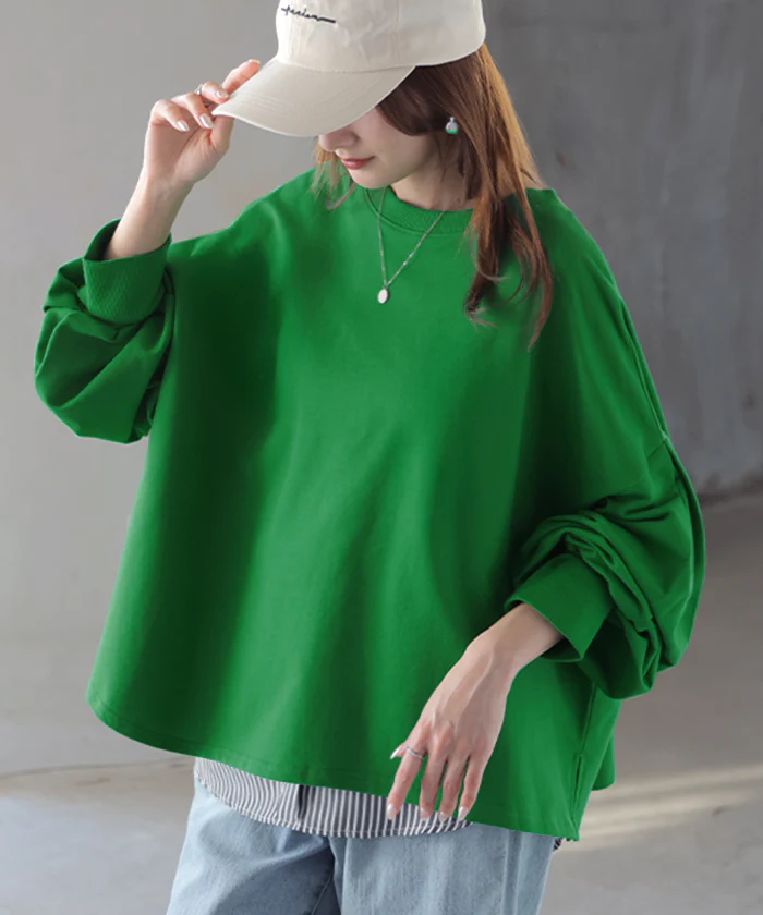 2026SS新作 トップス 「Tシャツ以上スウェット未満」ロンT スウェット ジャスト丈 レディース プルオーバー 綿100% Tシャツ 長袖 トレーナー リブ ボリューム袖 カットソー 体型カバー スリット クルーネック 裏毛 重ね着 カジュアル グリーン ピンク 春 夏 HUG.U - Image 39