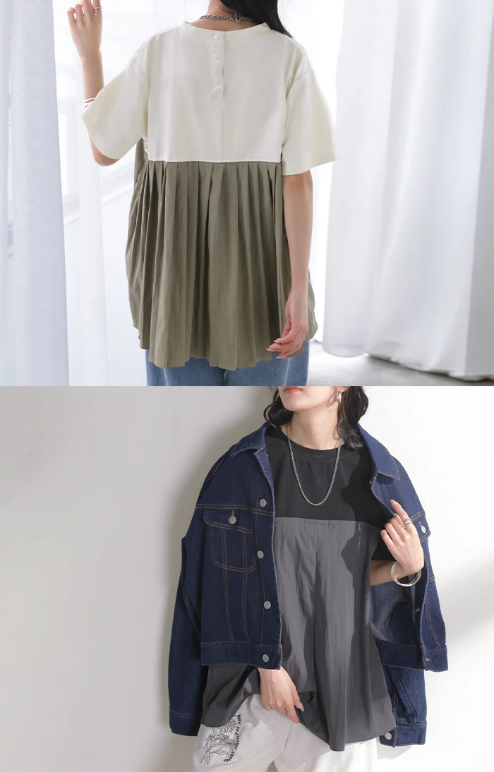 2026SS新作 Tシャツ バックプリーツ 異素材 MIX レディース トップス カットソー ドッキング Uネック プリーツ 半袖 タック ふんわり 軽い 切り替え デザイン 通気性 ボタン 配色 バイカラー 体型カバー ゆったり 無地 黒 グレー 春 夏 HUG.U - Image 19