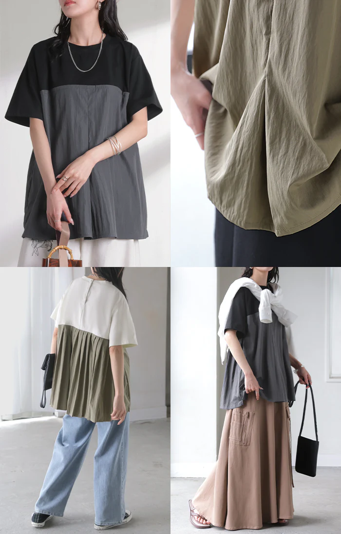 2026SS新作 Tシャツ バックプリーツ 異素材 MIX レディース トップス カットソー ドッキング Uネック プリーツ 半袖 タック ふんわり 軽い 切り替え デザイン 通気性 ボタン 配色 バイカラー 体型カバー ゆったり 無地 黒 グレー 春 夏 HUG.U - Image 21