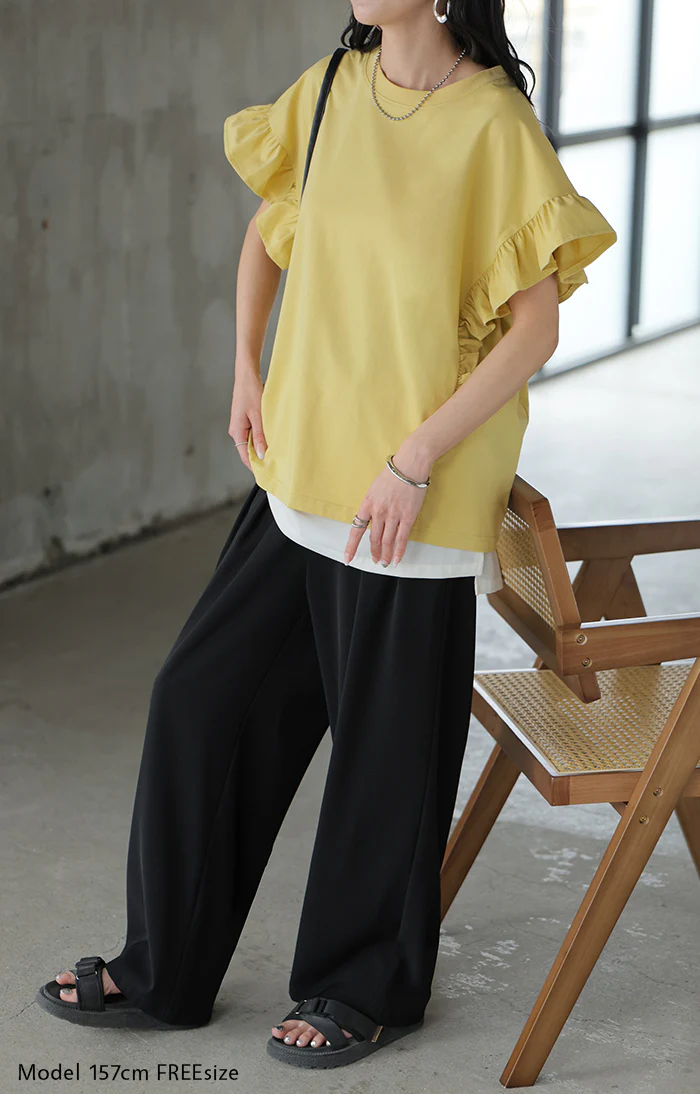 2026SS新作 Tシャツ フリル 袖 レディース トップス ジャスト丈 フリル袖 フレア ティーシャツ クルーネック 長い 半袖 ストレッチ 軽い ゆったり 無地 シンプル 通気性 吸湿性 蒸れにくい 体型カバー 大きいサイズ ロング おしゃれ 白 黒 春 夏 HUG.U - Image 9