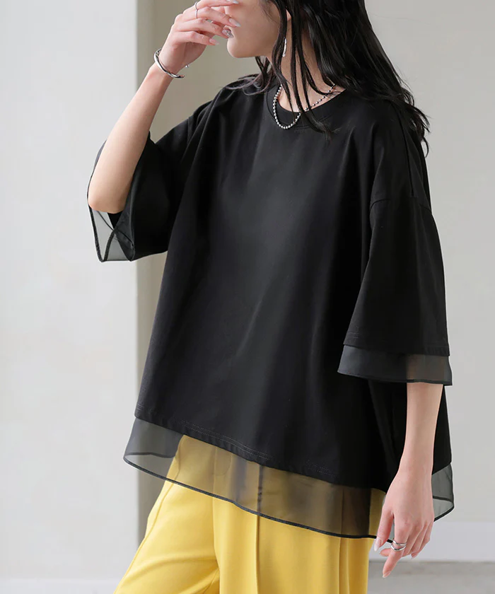 2026SS新作 Tシャツ レイヤード風 レディース トップス 半袖 ■一部7月中旬入荷 カットソー ロング ティーシャツ 異素材 ドッキング レイヤード クルーネック 長い ドルマン ドルマンスリーブ シアー ゆったり 無地 体型カバー 大きいサイズ 二の腕カバー おしゃれ 白 黒 春 夏 HUG.U - Image 26