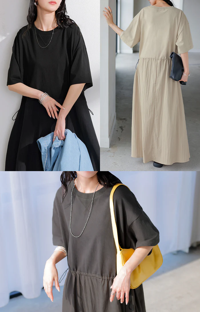 【夏セール】 2026SS新作 ワンピース ロング 異素材 MIX レディース ■一部7月上旬入荷 ワンピ ロングワンピース Aライン マキシ マキシワンピース ドロスト 裾ドッキング 綿100 ワッシャー 軽い 薄手 大判 無地 半袖 通気性 ストレッチ 体型カバー 二の腕カバー 大きいサイズ 黒 ベージュ 春 夏 HUG.U - Image 16