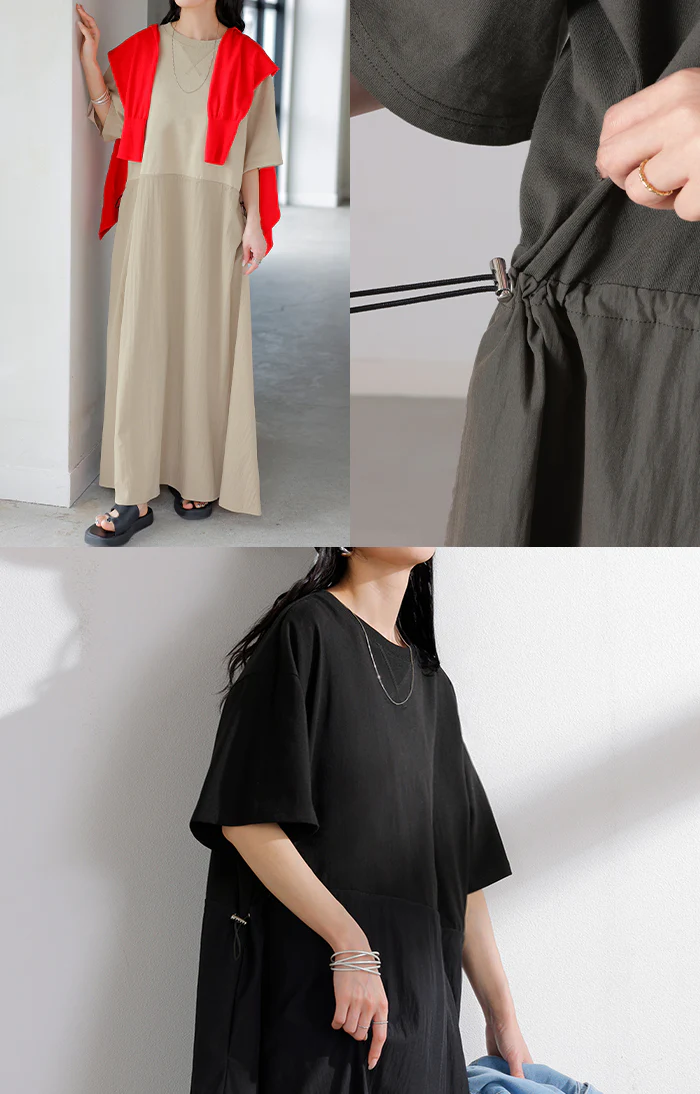 【夏セール】 2026SS新作 ワンピース ロング 異素材 MIX レディース ■一部7月上旬入荷 ワンピ ロングワンピース Aライン マキシ マキシワンピース ドロスト 裾ドッキング 綿100 ワッシャー 軽い 薄手 大判 無地 半袖 通気性 ストレッチ 体型カバー 二の腕カバー 大きいサイズ 黒 ベージュ 春 夏 HUG.U - Image 19