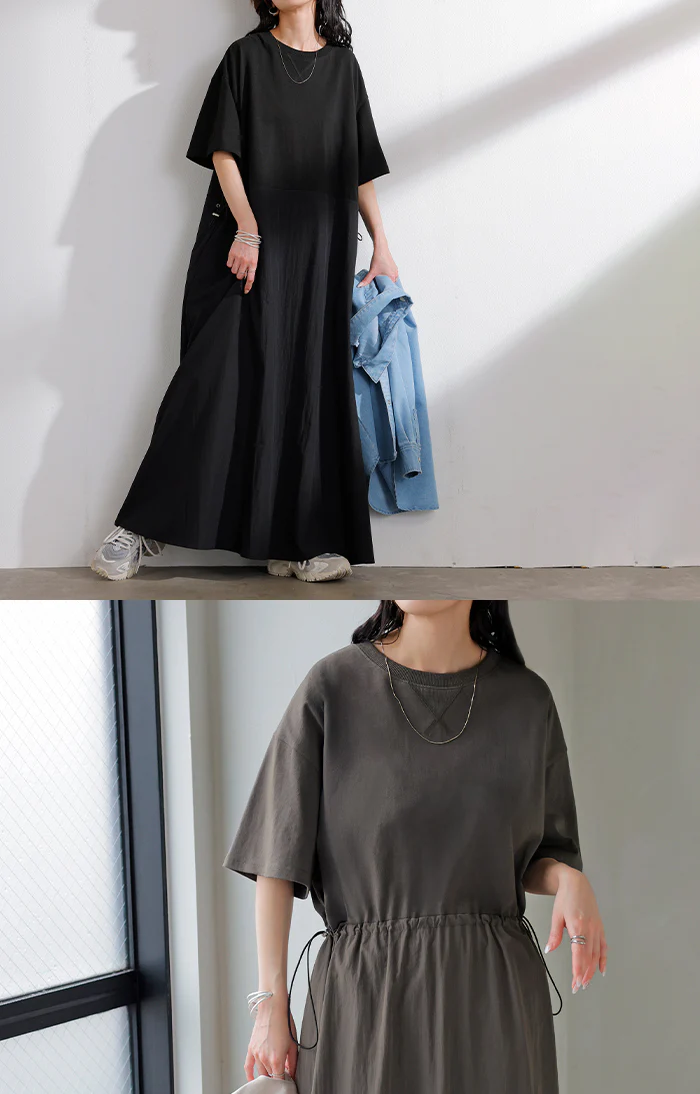 【夏セール】 2026SS新作 ワンピース ロング 異素材 MIX レディース ■一部7月上旬入荷 ワンピ ロングワンピース Aライン マキシ マキシワンピース ドロスト 裾ドッキング 綿100 ワッシャー 軽い 薄手 大判 無地 半袖 通気性 ストレッチ 体型カバー 二の腕カバー 大きいサイズ 黒 ベージュ 春 夏 HUG.U - Image 4