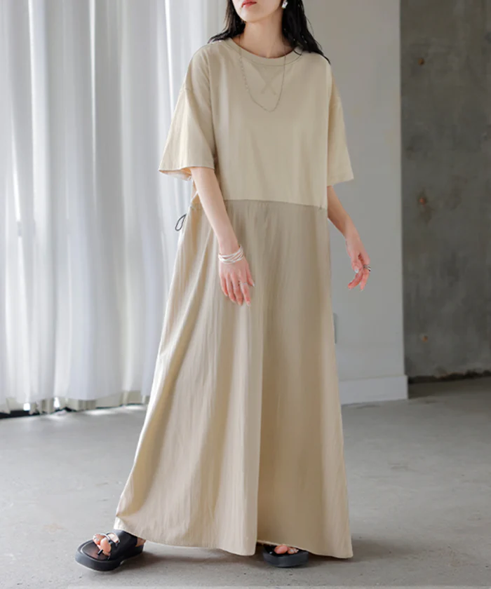 【夏セール】 2026SS新作 ワンピース ロング 異素材 MIX レディース ■一部7月上旬入荷 ワンピ ロングワンピース Aライン マキシ マキシワンピース ドロスト 裾ドッキング 綿100 ワッシャー 軽い 薄手 大判 無地 半袖 通気性 ストレッチ 体型カバー 二の腕カバー 大きいサイズ 黒 ベージュ 春 夏 HUG.U - Image 5