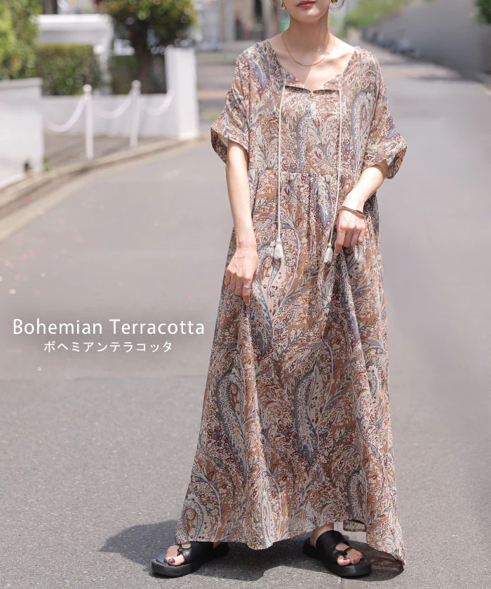 2026SS新作 ワンピース ロング ペイズリー 柄 ■一部7月中旬入荷 レディース ワンピ ロングワンピース マキシワンピース シフォン シフォンスカート Aライン ボヘミアン マキシ 軽い 薄手 Vネック 半袖 裏地付き リゾート ゆったり 体型カバー 大きいサイズ 無地 黒 ブラック 春 夏 HUG.U - Image 11