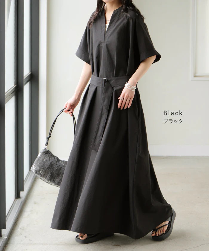 2026SS新作 ワンピース レディース ロングワンピース マキシワンピース Vネック ■一部7月下旬入荷 キーネック Aライン シャツワンピース ロング 無地 バックルベルト ベルト付き ポケット 半袖 五分袖 二の腕カバー きれいめ 体型カバー 大きいサイズ ブラック ベージュ 春 夏 HUG.U - Image 14