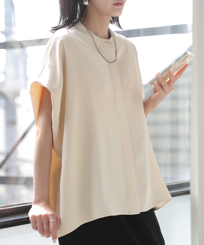 2026SS新作 ブラウス 「シワになりにくい」 ■一部7月下旬入荷 ドレープ シャツ レディース トップス ロング ロングシャツ ドレープブラウス イージーケア アイロンレス 大判 無地 半袖 羽織 隠しボタン 軽い きれいめ オフィス ゆったり 体型カバー 大きいサイズ 黒 白 春 夏 HUG.U - Image 5