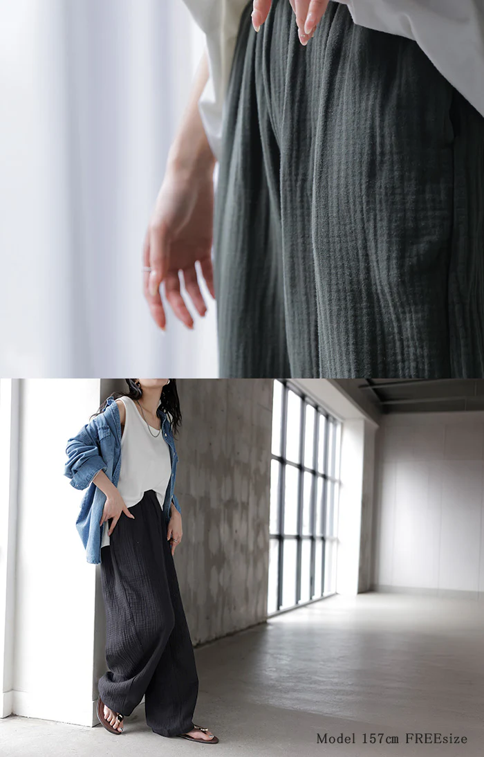 2026SS新作 パンツ 綿100 ガーゼ バレルレッグパンツ ■一部7月中旬入荷 レディース ロング ロングパンツ バレル ワイド ワイドパンツ トリプル コットン 涼しい 体型カバー ボトムス ボトム ズボン カーブ カーブパンツ ゆったり ウエストゴム 無地 大きいサイズ 黒 イエロー 春 夏 HUG.U - Image 4