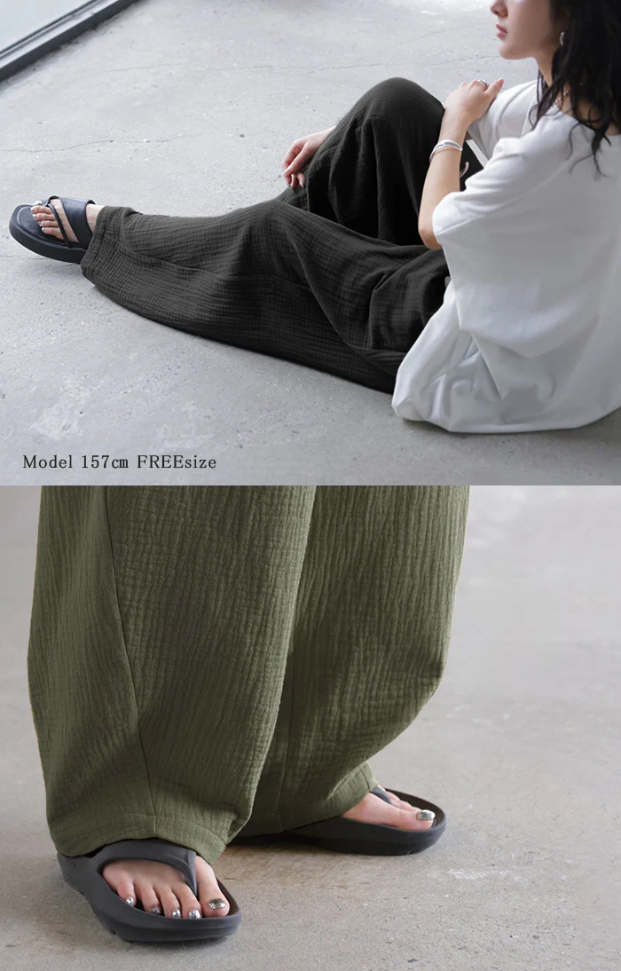 2026SS新作 パンツ 綿100 ガーゼ バレルレッグパンツ ■一部7月中旬入荷 レディース ロング ロングパンツ バレル ワイド ワイドパンツ トリプル コットン 涼しい 体型カバー ボトムス ボトム ズボン カーブ カーブパンツ ゆったり ウエストゴム 無地 大きいサイズ 黒 イエロー 春 夏 HUG.U - Image 8