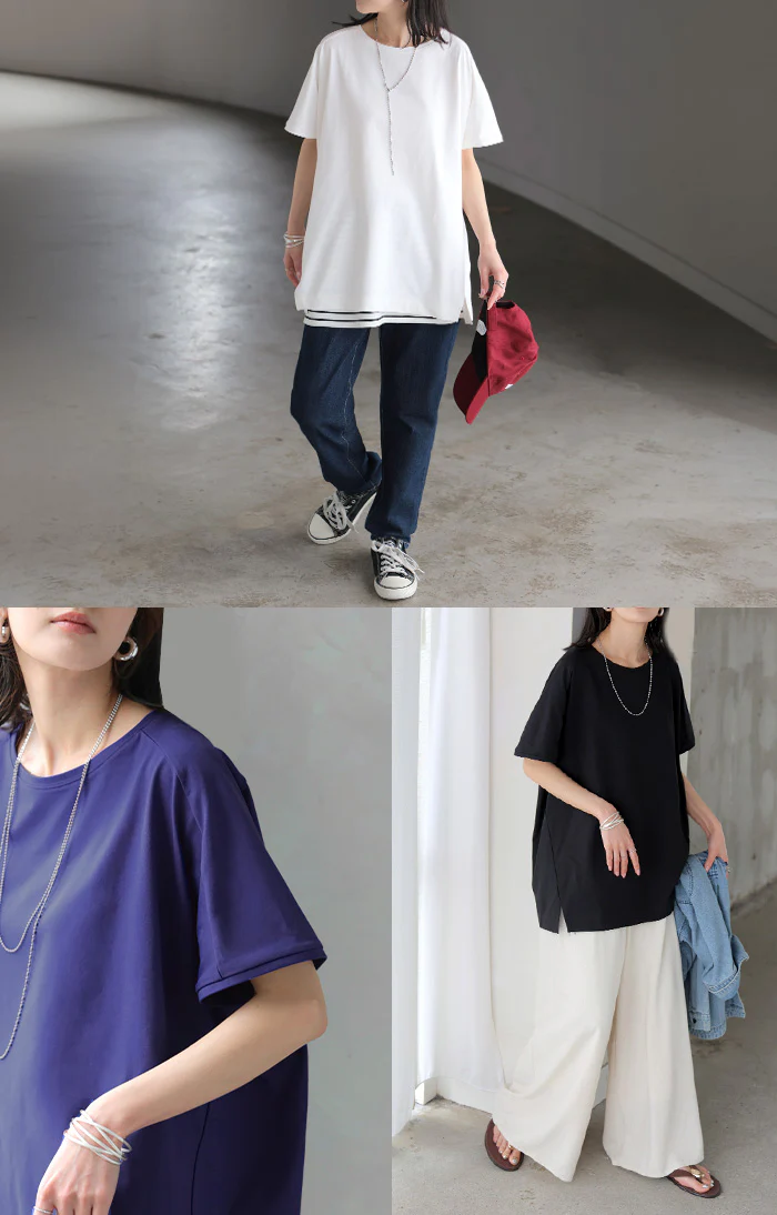 2026SS新作 Tシャツ 接触冷感 強冷感 UVカット レディース トップス フレンチスリーブ プルオーバー チュニック 涼しい ひんやり 遮蔽率99.9% UPF50+ ロング 体型カバー 半袖 ゆったり 大きいサイズ カットソー 無地 カジュアル ブルー ホワイト 春 夏 HUG.U メール便 - Image 19
