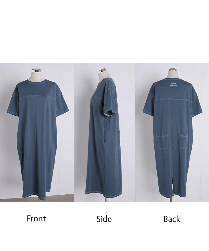 2026SS新作 ワンピース ロング Tシャツ 配色 ステッチ レディース ワンピ ロングワンピース Tシャツワンピース マキシワンピース Aライン 綿100 刺繍 半袖 無地 10分丈 膝下 ゆったり ワンマイル 体型カバー 二腕カバー お尻が隠れる かっこいい 黒 グレー 春 夏 HUG.U - Image 23