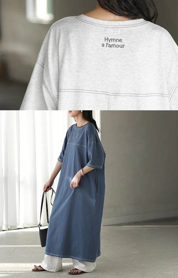 2026SS新作 ワンピース ロング Tシャツ 配色 ステッチ レディース ワンピ ロングワンピース Tシャツワンピース マキシワンピース Aライン 綿100 刺繍 半袖 無地 10分丈 膝下 ゆったり ワンマイル 体型カバー 二腕カバー お尻が隠れる かっこいい 黒 グレー 春 夏 HUG.U - Image 9