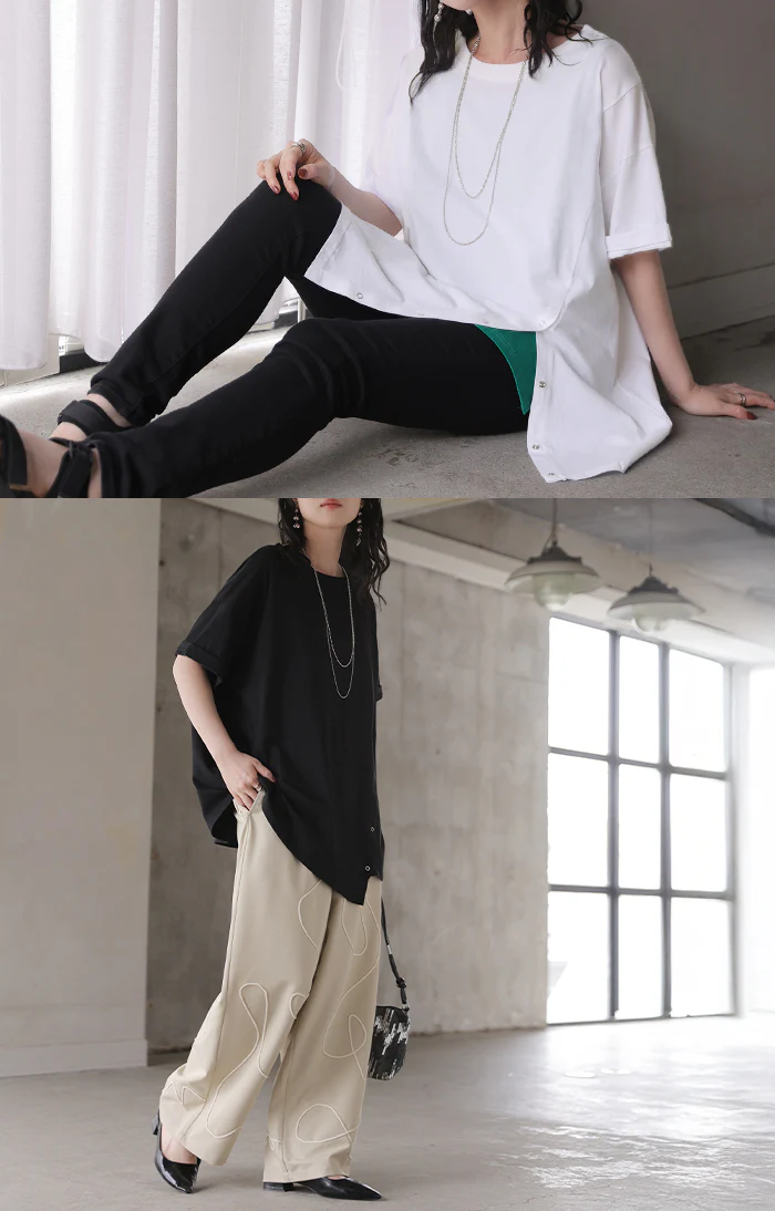 2026SS新作 Tシャツ アシンメトリー 綿100 ■7月上旬入荷 レディース トップス カットソー チュニック ティーシャツ スナップボタン コットン ロールアップ袖 変形 アシメ スリット クルーネック ロング ゆったり 半袖 無地 体型カバー お尻が隠れる 大きいサイズ おしゃれ 白 黒 HUG.U - Image 8