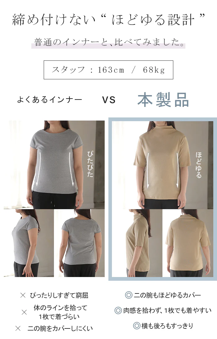 2026SS新作 トップス ハイネック 半袖 カットソー ■一部7月下旬入荷 インナー レディース ボトルネック Tシャツ プルオーバー 薄い 薄手 五分袖 二の腕カバー チクチクしない ロング 通気性 伸縮 ストレッチ ジャージー レイヤード 重ね着 無地 ブラック グレー 春 夏 HUG.U - Image 13