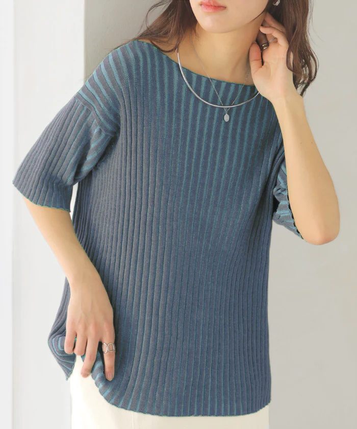 【夏セール】 2026SS新作 サマーニット リブ 配色 綿100 レディース トップス Tシャツ 半袖 カットソー プルオーバー リブニット ニット ボートネック ストライプ ストレッチ ゆったり 体型カバー 二の腕カバー 大きいサイズ ドロップショルダー カジュアル 黒 グレー 春 夏 HUG.U - Image 27