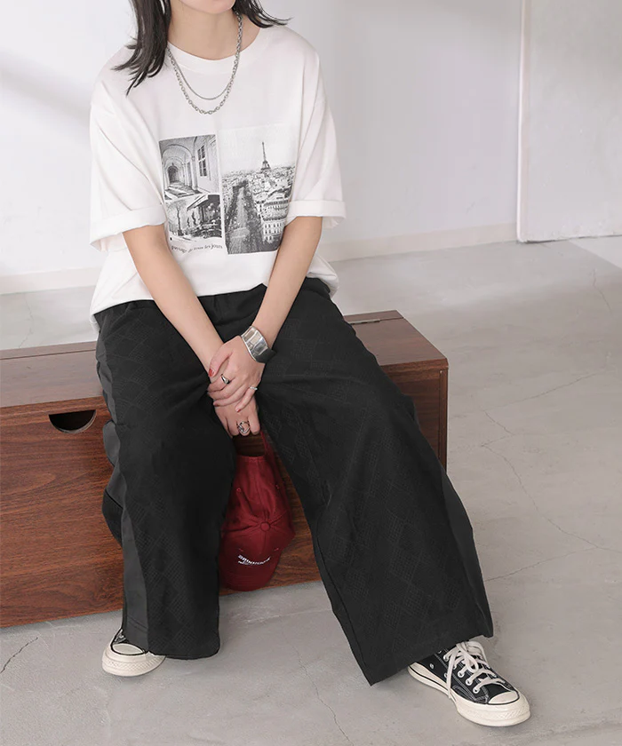 2026SS新作 パンツ レース 異素材 MIX ワイド レディース ボトムス ロング ストレート ボトム ずぼん ハイウエスト ワイドパンツ ロングパンツ メッシュ 幾何学 柄 ライン 切替 ウエストゴム 総ゴム らくちん 落ち感 ゆったり 体型カバー カジュアル 黒 白 春 夏 HUG.U - Image 26