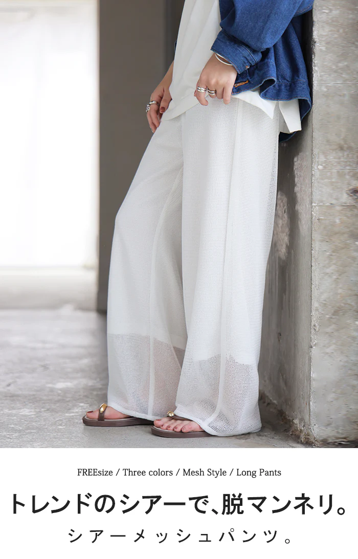 2026SS新作 パンツ メッシュパンツ レディース シアーパンツ ワイドパンツ シースルー 透け ロング ロングパンツ ズボン ボトムス ウエストゴム シワになりにくい ストレート 裏地付き レイヤード 無地 きれいめ 体型カバー 大きいサイズ ブラック ホワイト 春 夏 HUG.U - Image 2