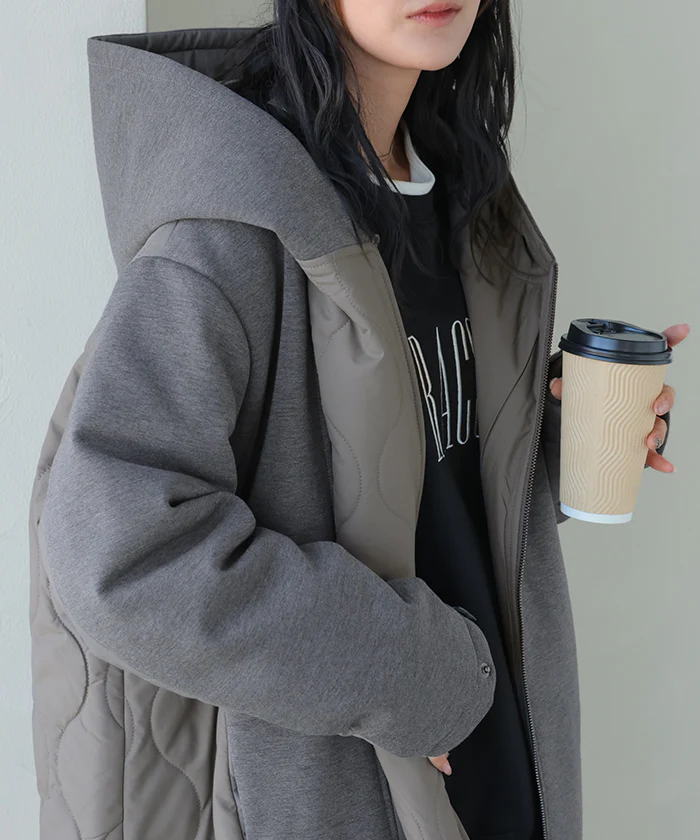 アウター コート 中綿 異素材 MIX レディース ロング ロングコート パーカー ブルゾン キルティング オーバー ハイネック フード ファスナー 羽織 あったか 防寒 防風 オーバーサイズ 大きいサイズ 体型カバー 暖かい お尻が隠れる 黒 グレー 秋 冬 HUG.U - Image 8