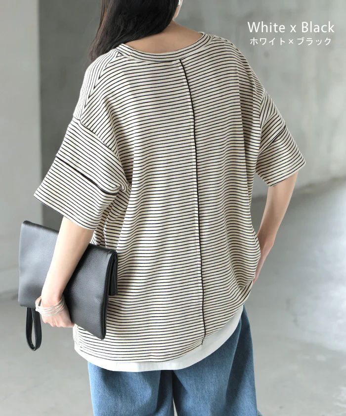【夏セール】 2026SS新作 Tシャツ ボーダー もっちり レディース ■一部7月上旬入荷 トップス カットソー 半袖 ティーシャツ メロウ加工 ボーダー柄 綿混 クルーネック チュニック ストレッチ 伸縮性 しっかり 二の腕カバー 体型カバー 大きいサイズ ゆったり きれいめ カジュアル 黒 白 春 夏 HUG.U - Image 13