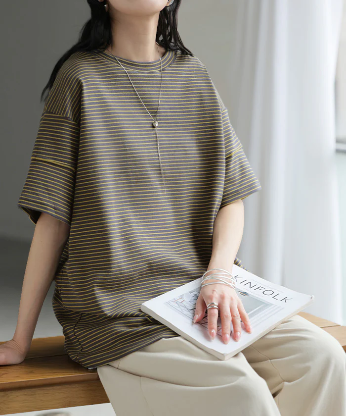 【夏セール】 2026SS新作 Tシャツ ボーダー もっちり レディース ■一部7月上旬入荷 トップス カットソー 半袖 ティーシャツ メロウ加工 ボーダー柄 綿混 クルーネック チュニック ストレッチ 伸縮性 しっかり 二の腕カバー 体型カバー 大きいサイズ ゆったり きれいめ カジュアル 黒 白 春 夏 HUG.U - Image 26