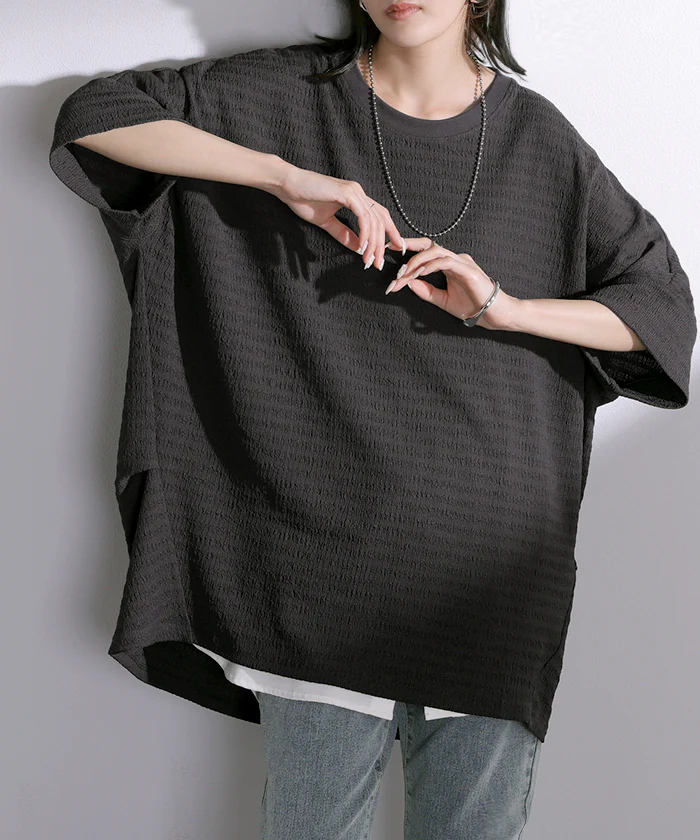 2026SS新作 トップス アイロン不要 半袖 レディース Tシャツ ■一部7月中旬入荷 プルオーバー カットソー シュリンク クルーネック ストレッチ シワになりにくい タック ドルマン ロング ロングT ゆったり 薄手 体型カバー お尻が隠れる 無地 ブルー ホワイト 春 夏 HUG.U - Image 34