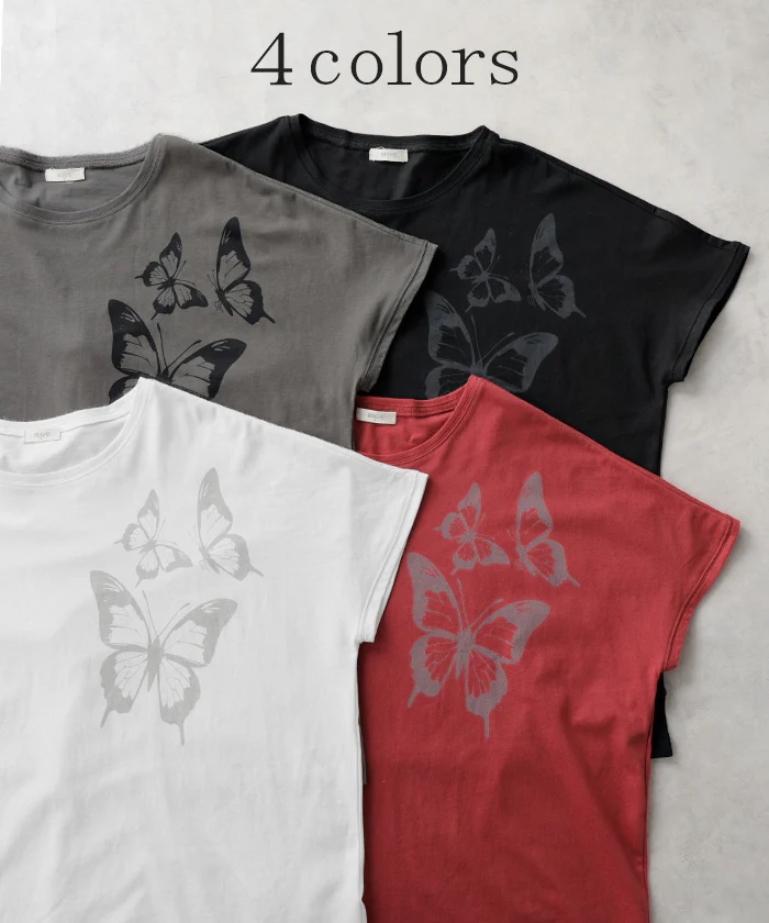 2026SS新作 Tシャツ プリント 蝶 綿100 レディース トップス ロング ティーシャツ フレンチスリーブ プリントTシャツ 薄手 クルーネック コットン バタフライ 長い ビッグ プラスサイズ 大きいサイズ ゆったり 体型カバー お尻が隠れる カジュアル 黒 白 春 夏 HUG.U メール便 - Image 10