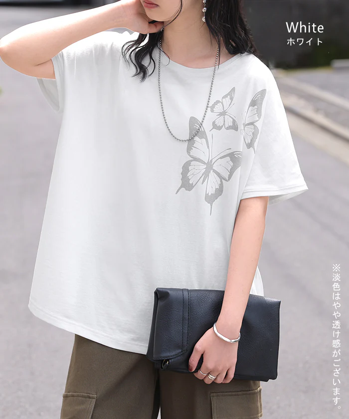 2026SS新作 Tシャツ プリント 蝶 綿100 レディース トップス ロング ティーシャツ フレンチスリーブ プリントTシャツ 薄手 クルーネック コットン バタフライ 長い ビッグ プラスサイズ 大きいサイズ ゆったり 体型カバー お尻が隠れる カジュアル 黒 白 春 夏 HUG.U メール便 - Image 11