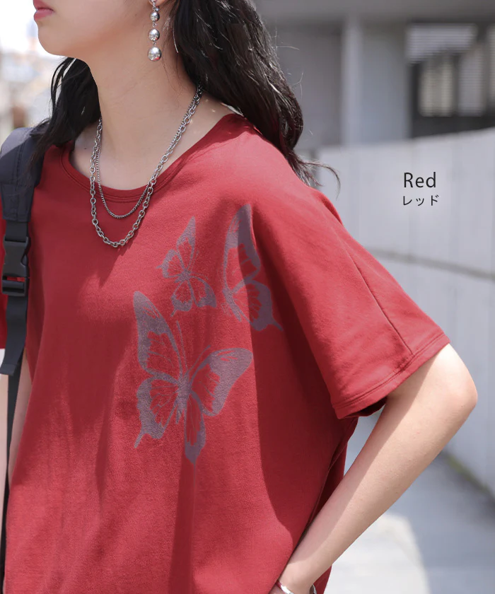 2026SS新作 Tシャツ プリント 蝶 綿100 レディース トップス ロング ティーシャツ フレンチスリーブ プリントTシャツ 薄手 クルーネック コットン バタフライ 長い ビッグ プラスサイズ 大きいサイズ ゆったり 体型カバー お尻が隠れる カジュアル 黒 白 春 夏 HUG.U メール便 - Image 14