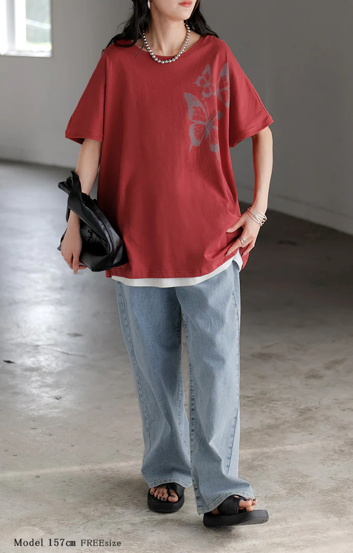 2026SS新作 Tシャツ プリント 蝶 綿100 レディース トップス ロング ティーシャツ フレンチスリーブ プリントTシャツ 薄手 クルーネック コットン バタフライ 長い ビッグ プラスサイズ 大きいサイズ ゆったり 体型カバー お尻が隠れる カジュアル 黒 白 春 夏 HUG.U メール便 - Image 18
