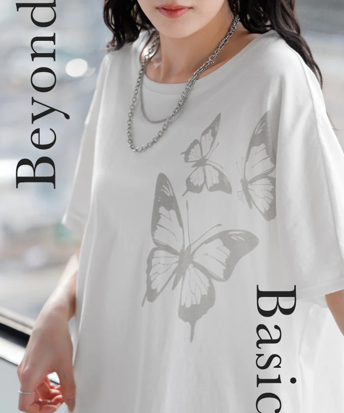 2026SS新作 Tシャツ プリント 蝶 綿100 レディース トップス ロング ティーシャツ フレンチスリーブ プリントTシャツ 薄手 クルーネック コットン バタフライ 長い ビッグ プラスサイズ 大きいサイズ ゆったり 体型カバー お尻が隠れる カジュアル 黒 白 春 夏 HUG.U メール便 - Image 19