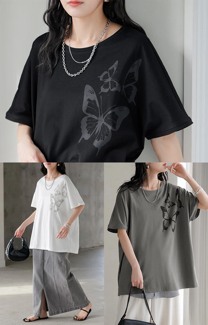 2026SS新作 Tシャツ プリント 蝶 綿100 レディース トップス ロング ティーシャツ フレンチスリーブ プリントTシャツ 薄手 クルーネック コットン バタフライ 長い ビッグ プラスサイズ 大きいサイズ ゆったり 体型カバー お尻が隠れる カジュアル 黒 白 春 夏 HUG.U メール便 - Image 20