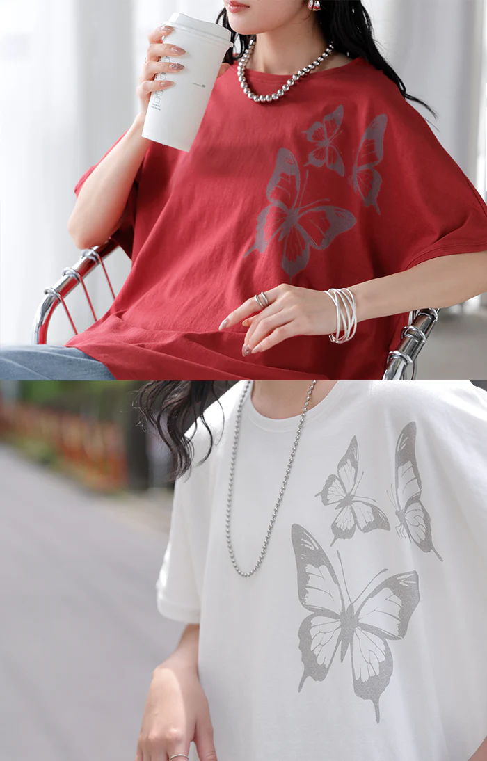 2026SS新作 Tシャツ プリント 蝶 綿100 レディース トップス ロング ティーシャツ フレンチスリーブ プリントTシャツ 薄手 クルーネック コットン バタフライ 長い ビッグ プラスサイズ 大きいサイズ ゆったり 体型カバー お尻が隠れる カジュアル 黒 白 春 夏 HUG.U メール便 - Image 21