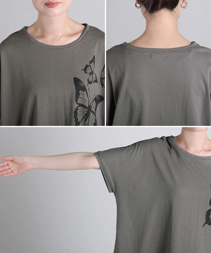 2026SS新作 Tシャツ プリント 蝶 綿100 レディース トップス ロング ティーシャツ フレンチスリーブ プリントTシャツ 薄手 クルーネック コットン バタフライ 長い ビッグ プラスサイズ 大きいサイズ ゆったり 体型カバー お尻が隠れる カジュアル 黒 白 春 夏 HUG.U メール便 - Image 22