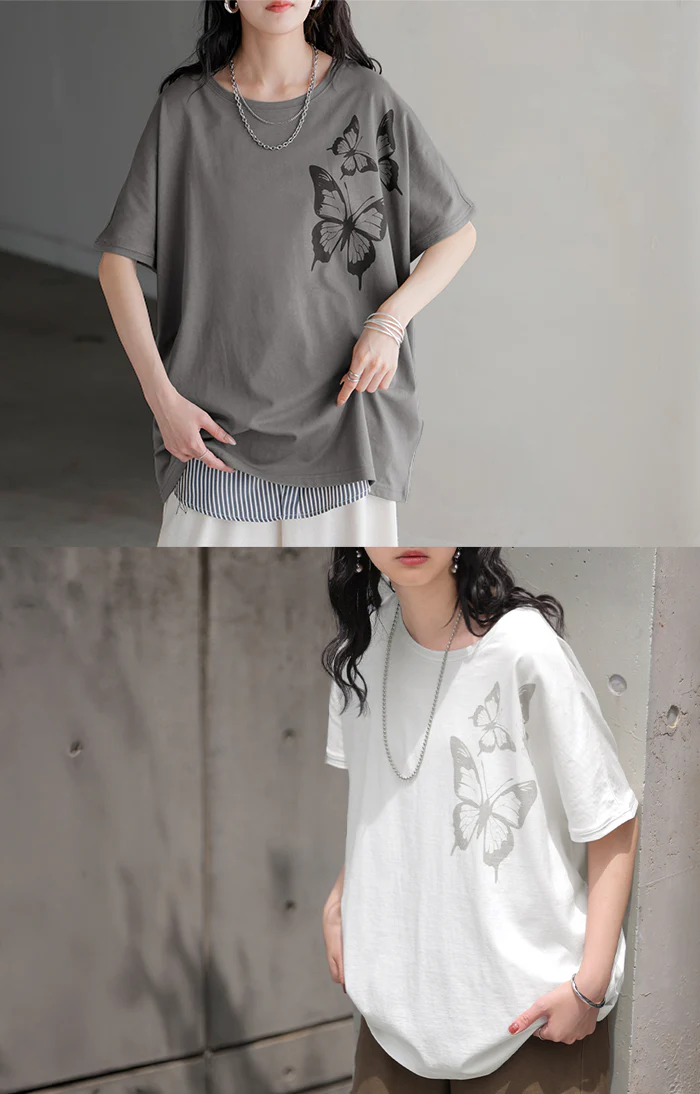 2026SS新作 Tシャツ プリント 蝶 綿100 レディース トップス ロング ティーシャツ フレンチスリーブ プリントTシャツ 薄手 クルーネック コットン バタフライ 長い ビッグ プラスサイズ 大きいサイズ ゆったり 体型カバー お尻が隠れる カジュアル 黒 白 春 夏 HUG.U メール便 - Image 4
