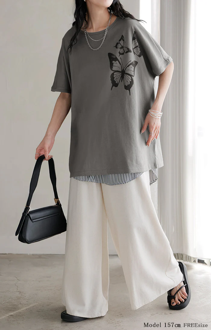 2026SS新作 Tシャツ プリント 蝶 綿100 レディース トップス ロング ティーシャツ フレンチスリーブ プリントTシャツ 薄手 クルーネック コットン バタフライ 長い ビッグ プラスサイズ 大きいサイズ ゆったり 体型カバー お尻が隠れる カジュアル 黒 白 春 夏 HUG.U メール便 - Image 8